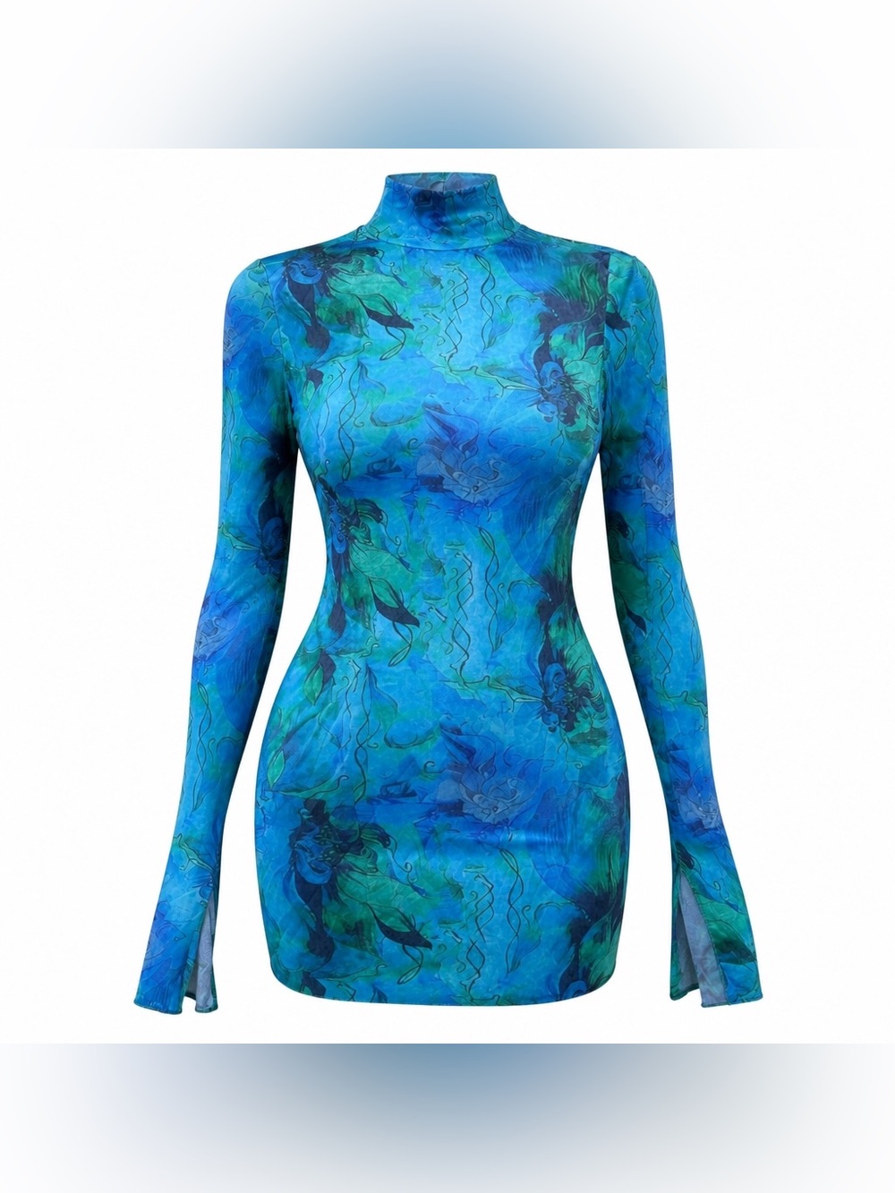 NWT Bella Barnett Blue Green Sheer Mesh Turtleneck Bodycon Mini Dress Size L